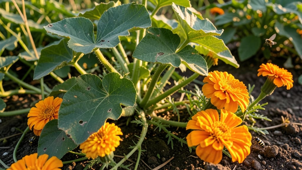 Marigolds Surrounding Cantaloupe Beds