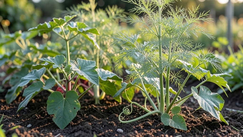 Dill Stalk Amid Cantaloupe Rows