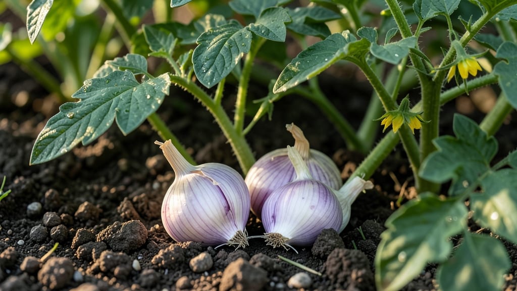 Garlic Cloves Interplanted With Tomatoes