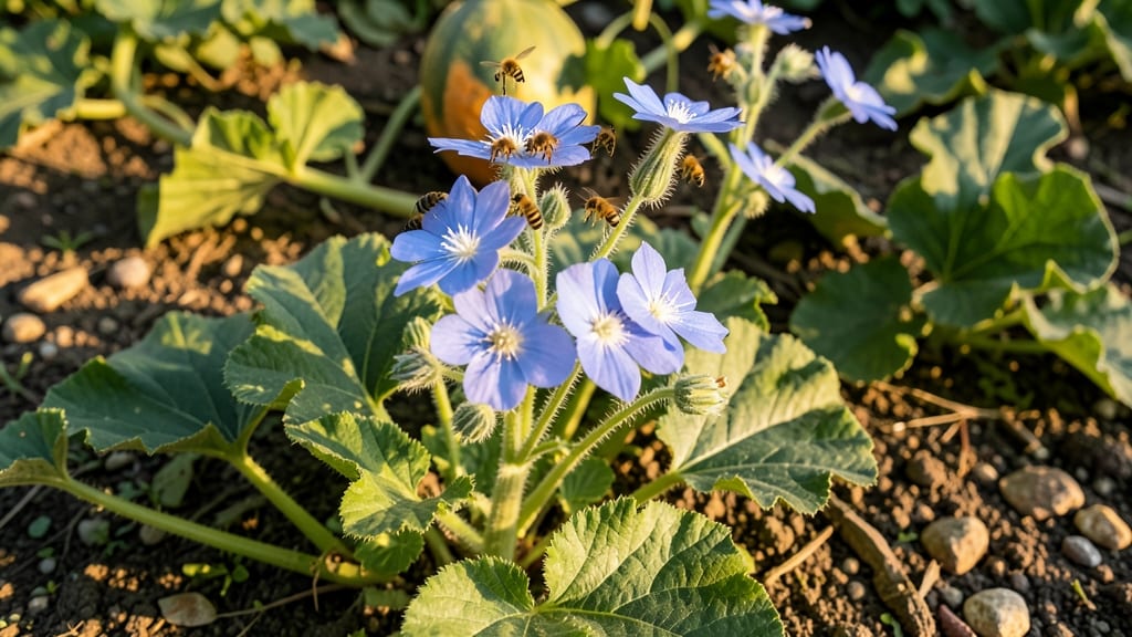 Borage Flowers Near Cantaloupe Plants