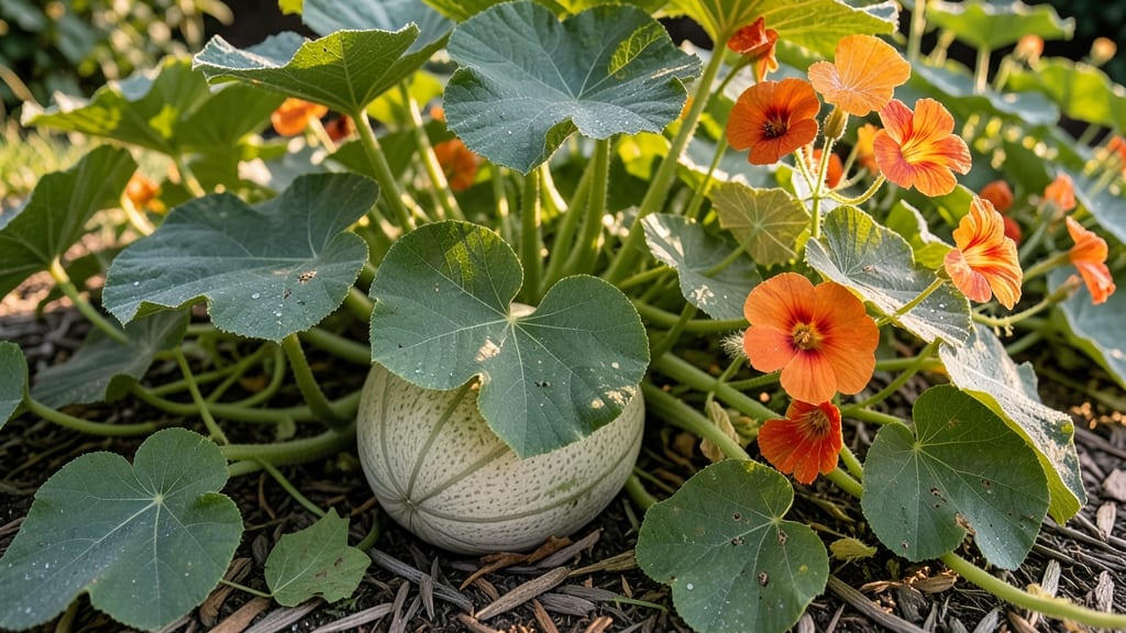 Nasturtium Trails Along Cantaloupe Vines